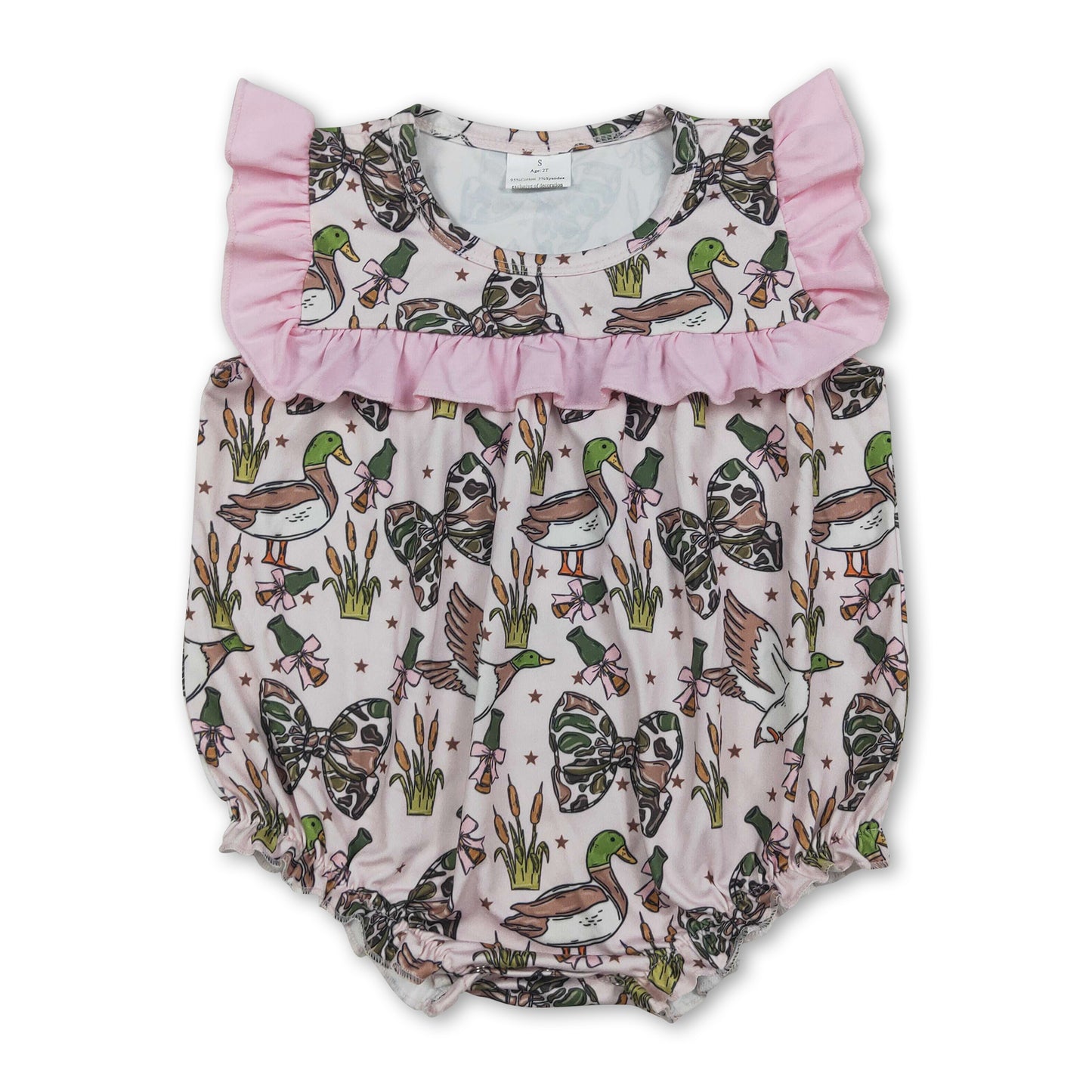 Pink ruffle duck camo bow baby girls summer romper