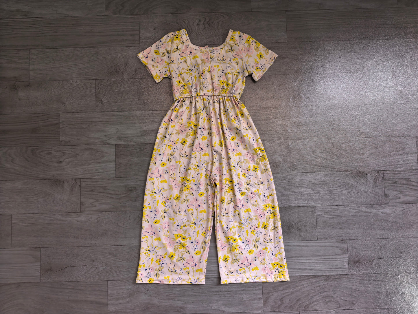 Short sleeves pink yellow floral kids girls jumpsuit