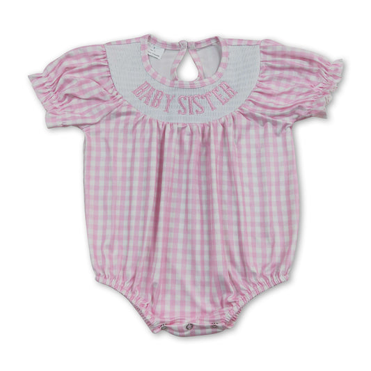 Short sleeves pink plaid baby sister smocked girls romper