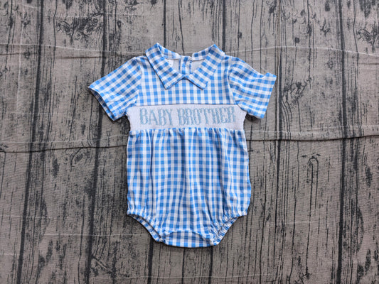 Blue plaid short sleeves baby brother smocked boy romper