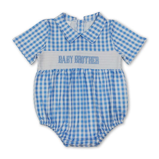 Blue plaid short sleeves baby brother smocked boy romper