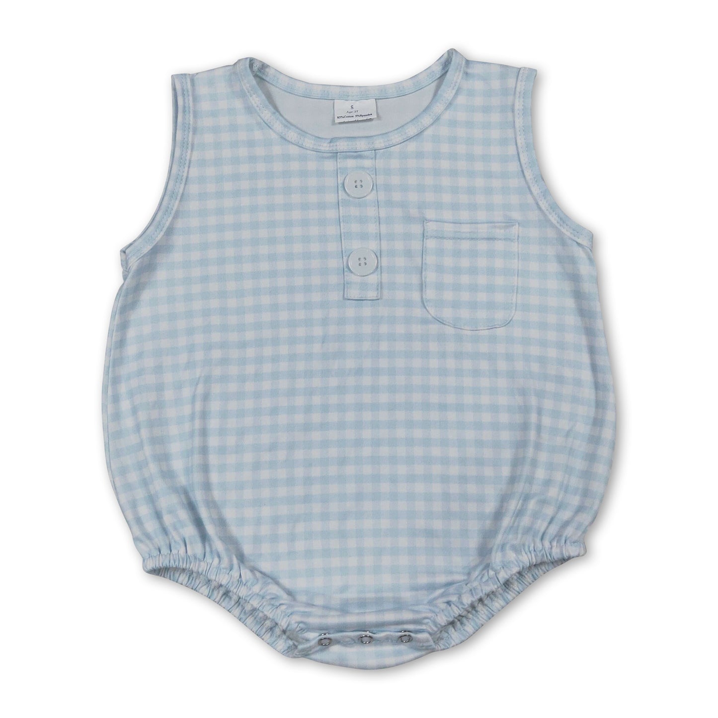 Sleeveless light blue plaid baby boy summer romper
