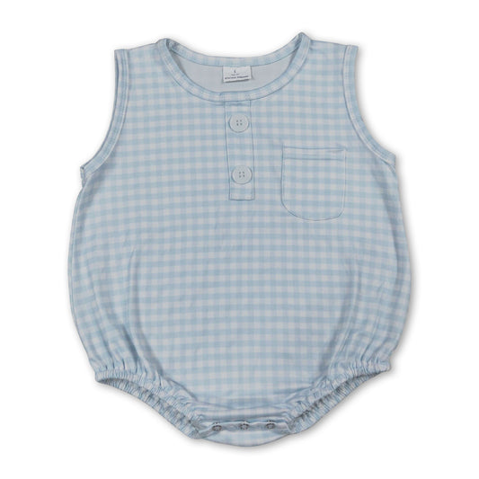 Sleeveless light blue plaid baby boy summer romper
