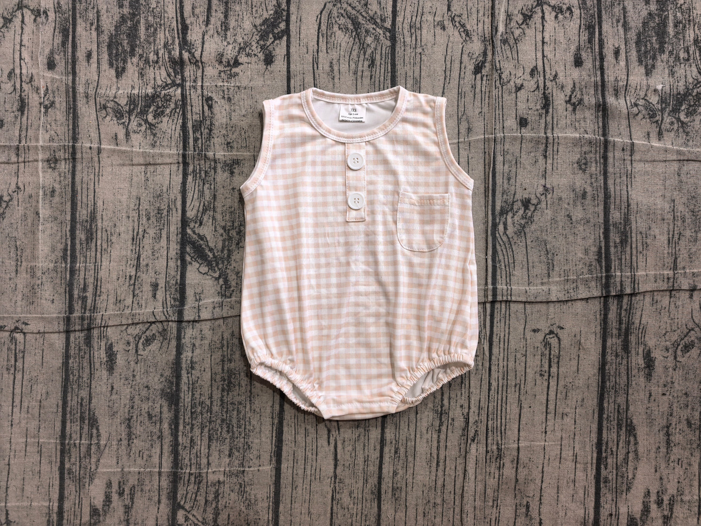Sleeveless khaki plaid pocket baby boy summer romper