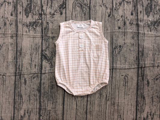 Sleeveless khaki plaid pocket baby boy summer romper