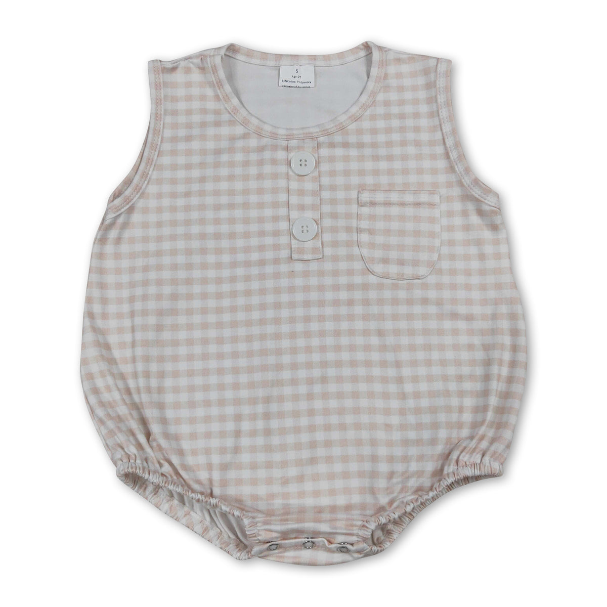 Sleeveless khaki plaid pocket baby boy summer romper