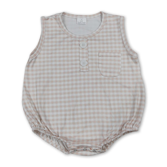 Sleeveless khaki plaid pocket baby boy summer romper