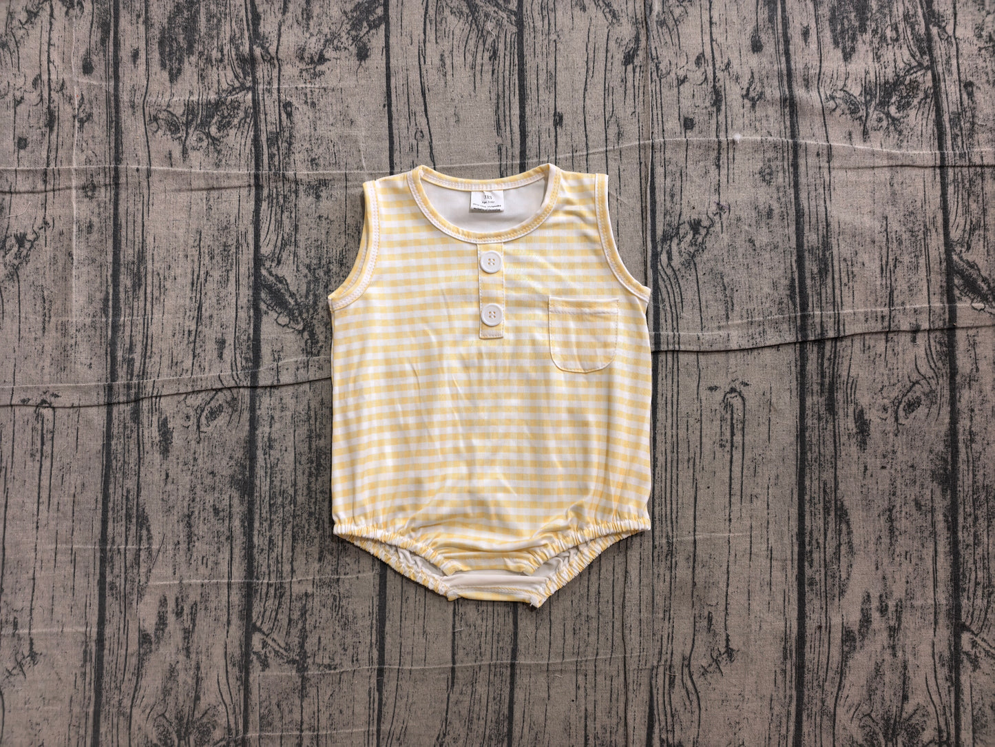 Sleeveless yellow plaid pocket baby boy summer romper