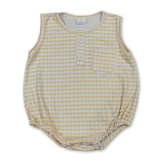 Sleeveless yellow plaid pocket baby boy summer romper