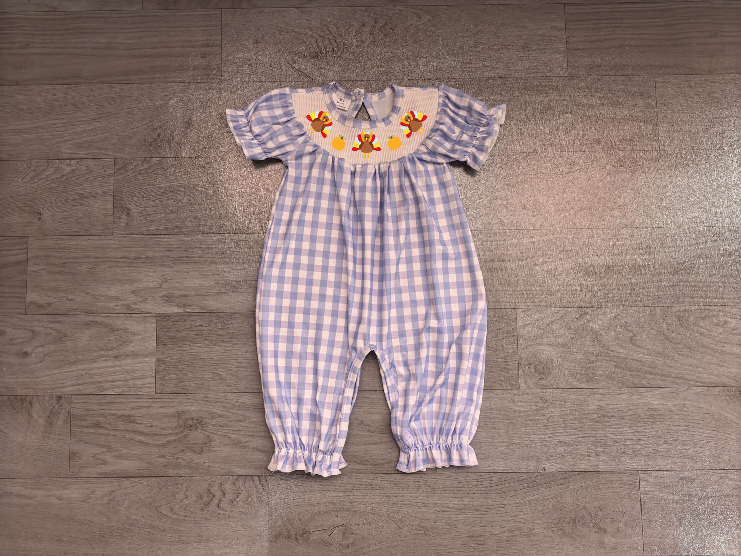 Turkey pumpkin smocked plaid girls Thanksgiving romper