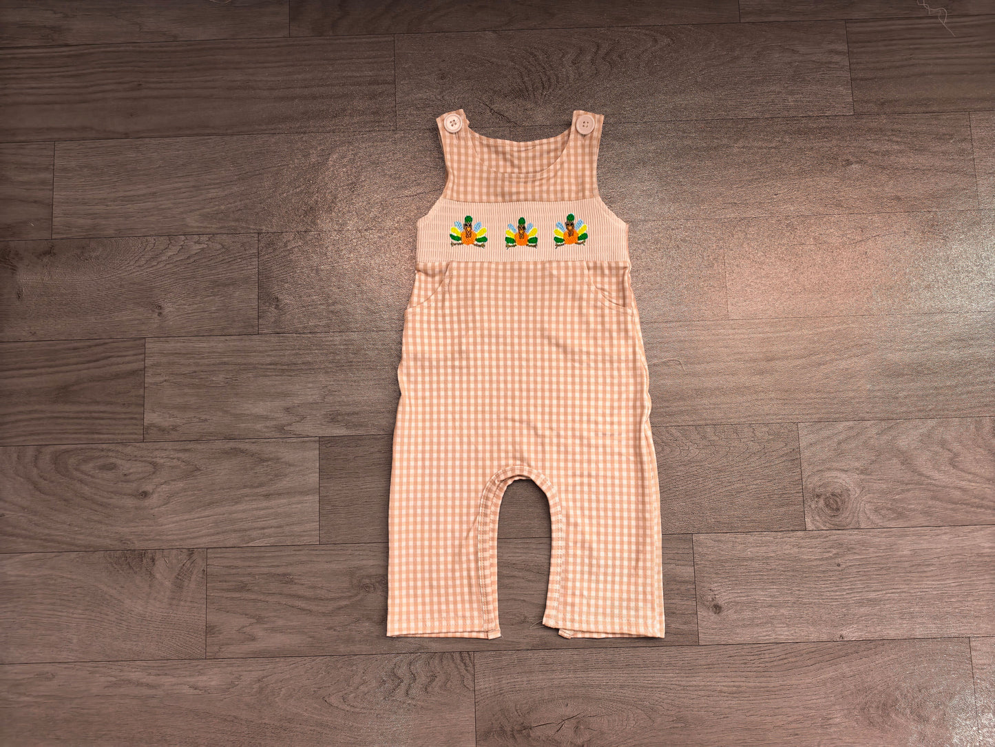 Sleeveless plaid turkey smocked boy Thanksgiving romper