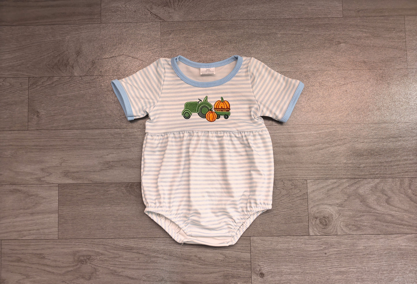 Stripe pumpkin tractor embroidery boy fall romper