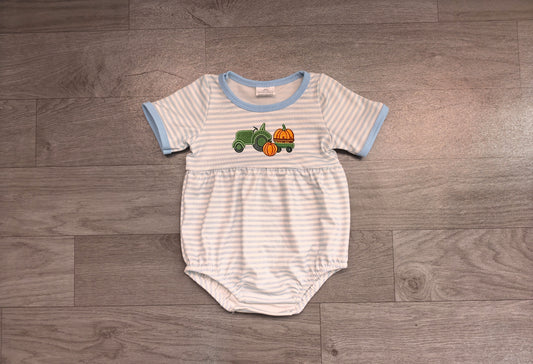 Stripe pumpkin tractor embroidery boy fall romper