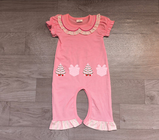 Short sleeves Christmas tree gift embroidery girls romper