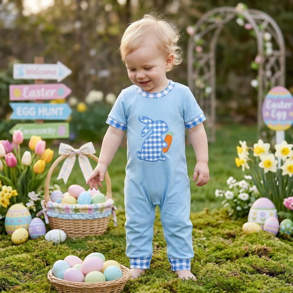 Plaid rabbit carrot embroidery baby boy Easter romper