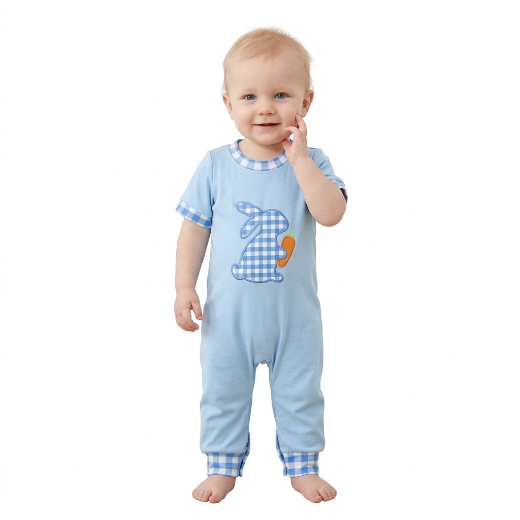 Plaid rabbit carrot embroidery baby boy Easter romper