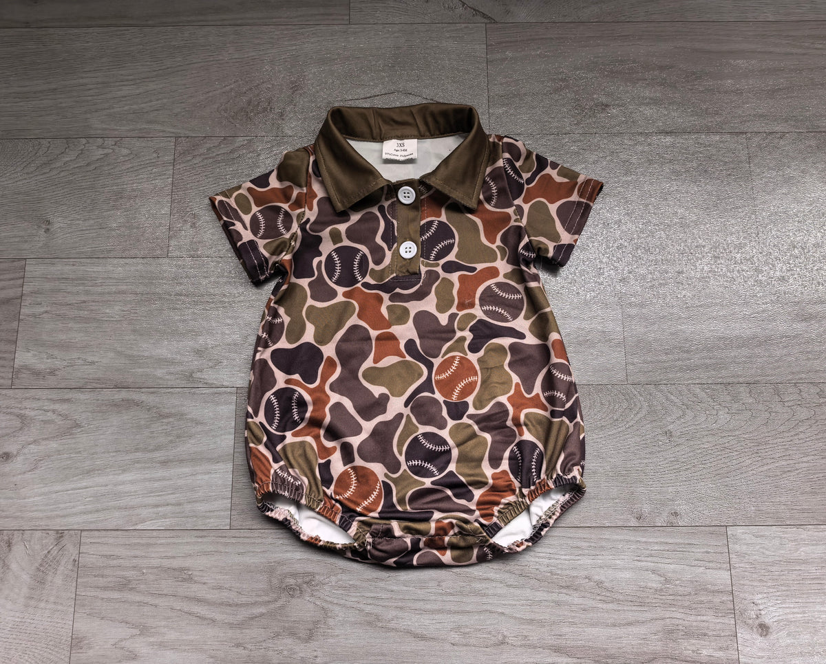 Short sleeves camo baseball baby boy polo romper
