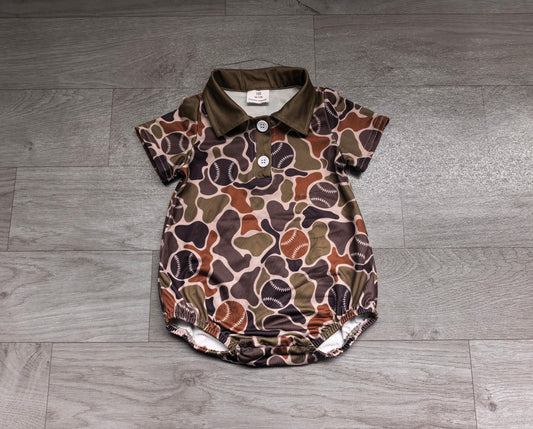 Short sleeves camo baseball baby boy polo romper