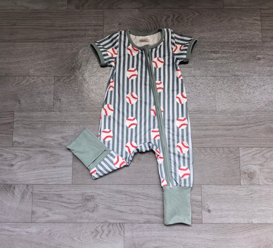 Short sleeves stripe baseball baby boy zipper romper