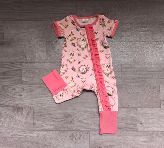 Short sleeves rabbit egg baby girls Easter zipper romper