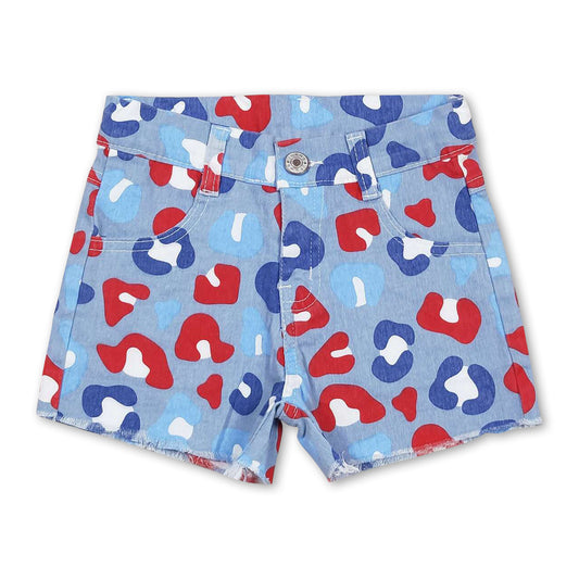 Red blue leopard kids girls 4th of july denim shorts