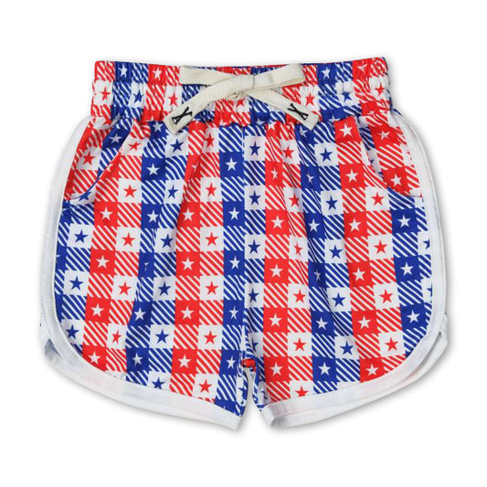 Red blue plaid stars kids girls 4th of july shorts