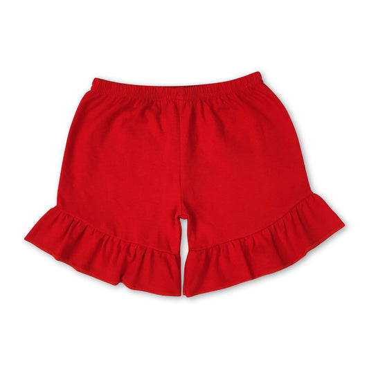 Red cotton one layer ruffle girls summer shorts