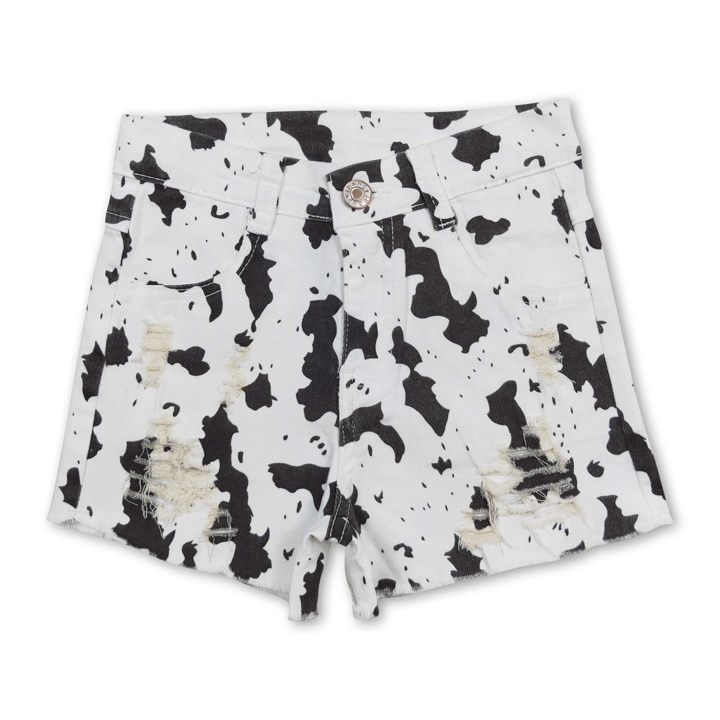 Black cow print distressed kids girls denim shorts