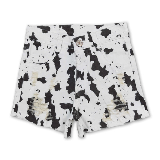 Black cow print distressed kids girls denim shorts