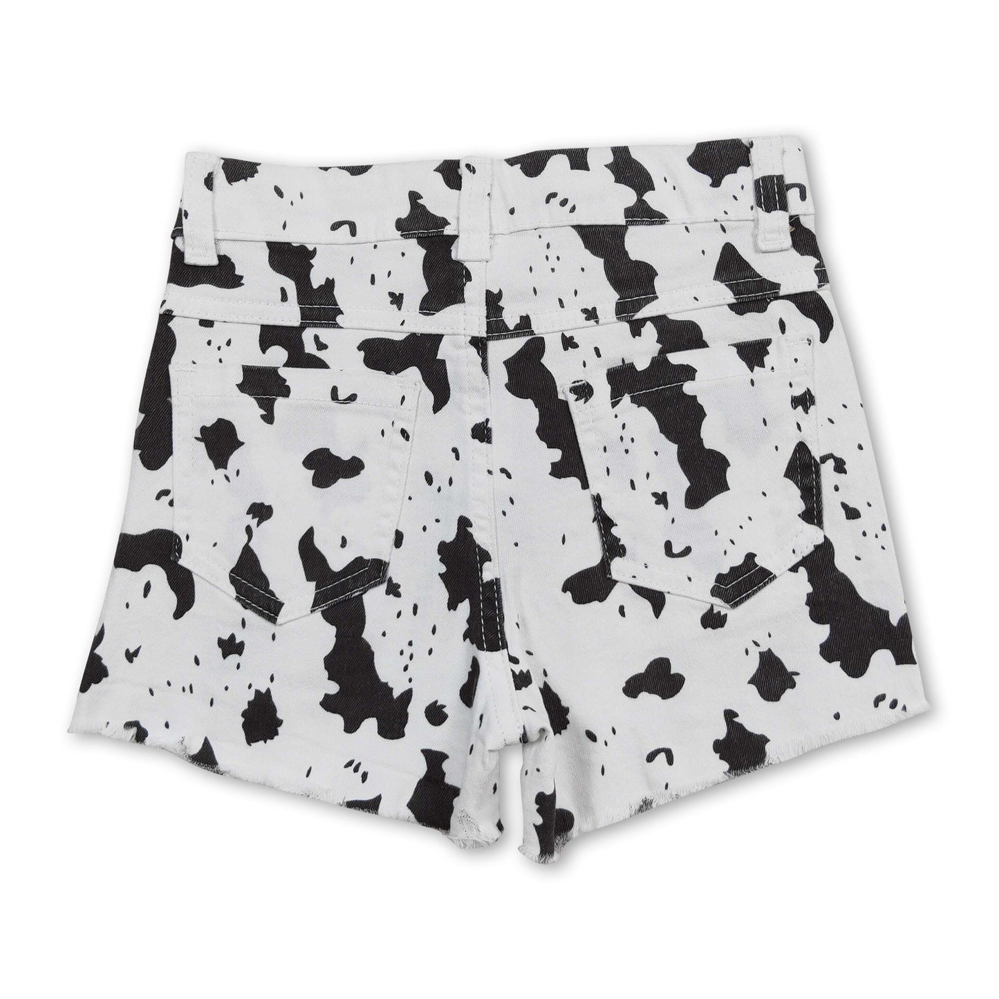 Black cow print distressed kids girls denim shorts