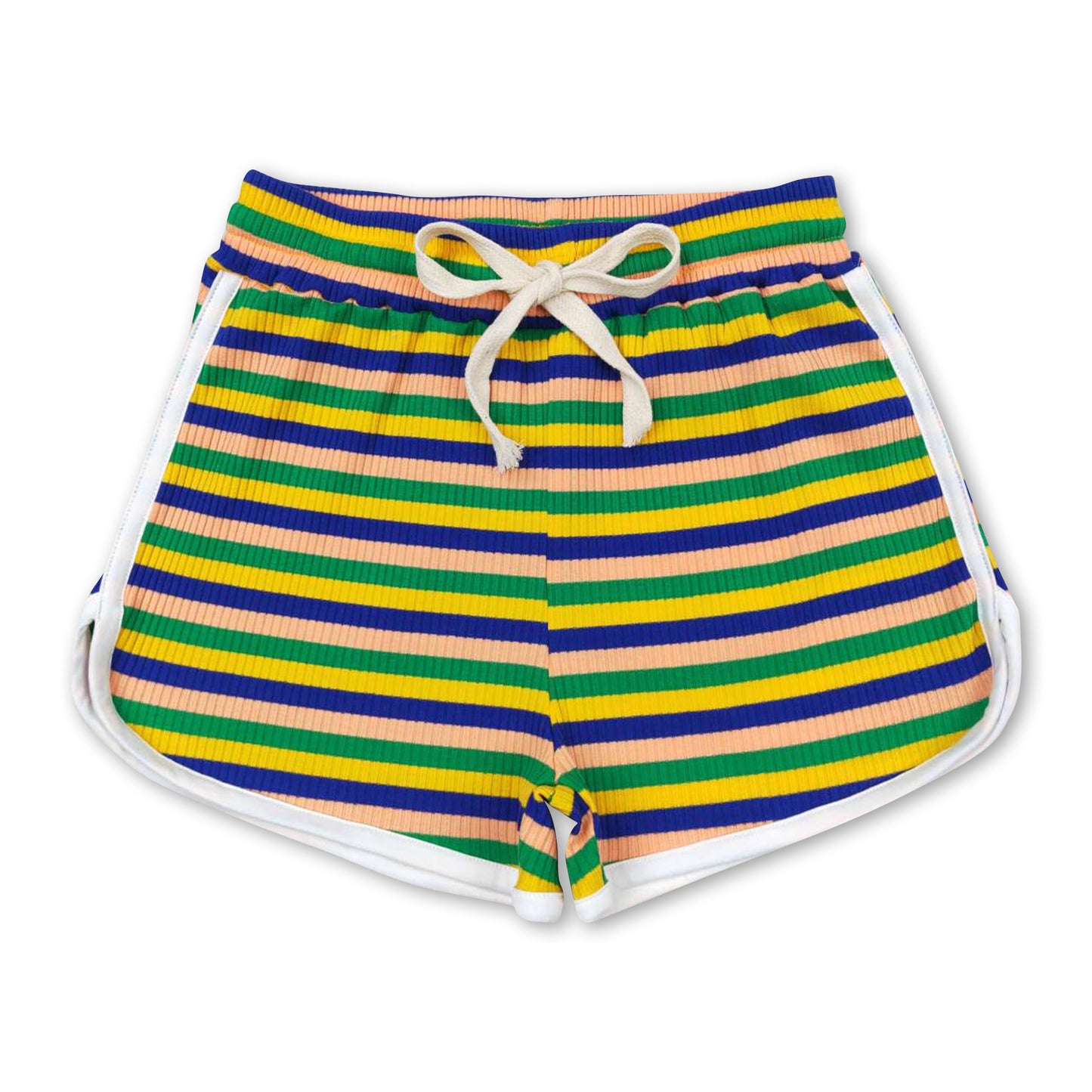 Blue yellow green stripe cotton girls summer shorts