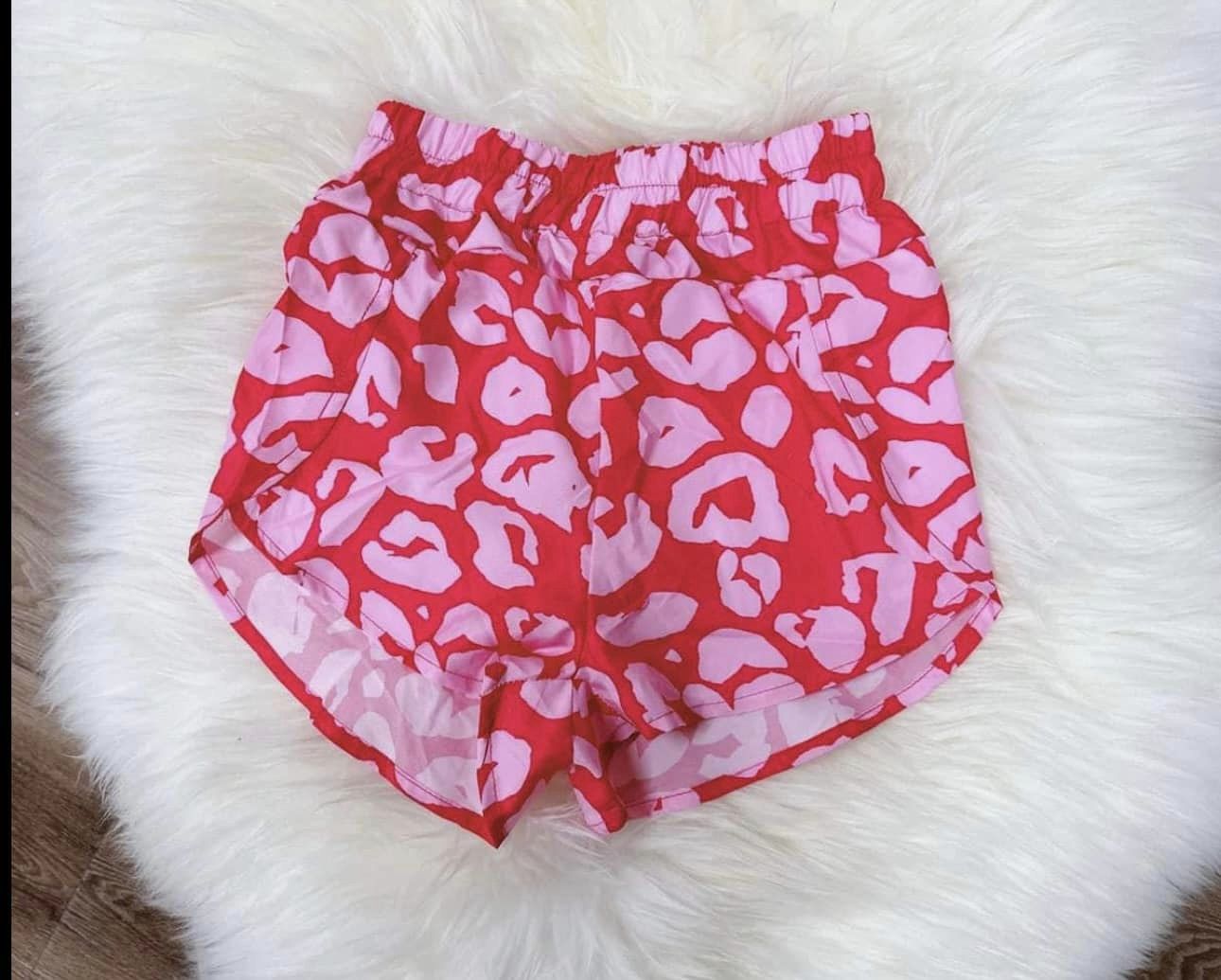 Hot pink leopard elastic waist adult women summer shorts