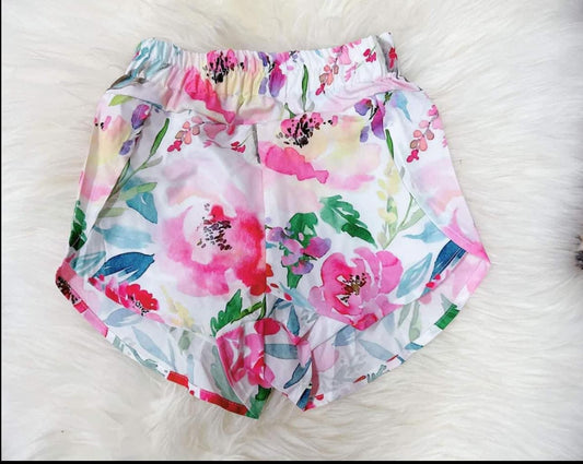 Pink floral elastic waist adult women summer shorts