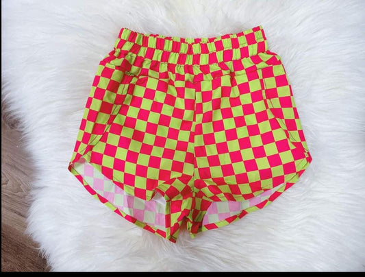 Hot pink plaid elastic waist adult women summer shorts