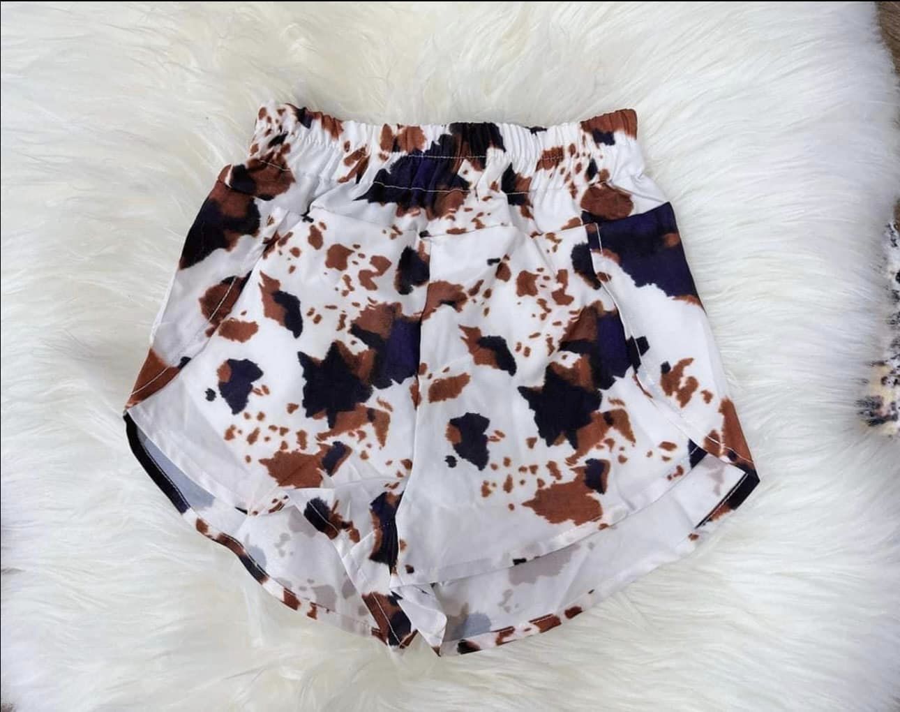 Brown cow print elastic waist adult women summer shorts