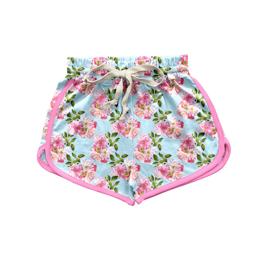 Pink floral elastic waist adult women summer shorts