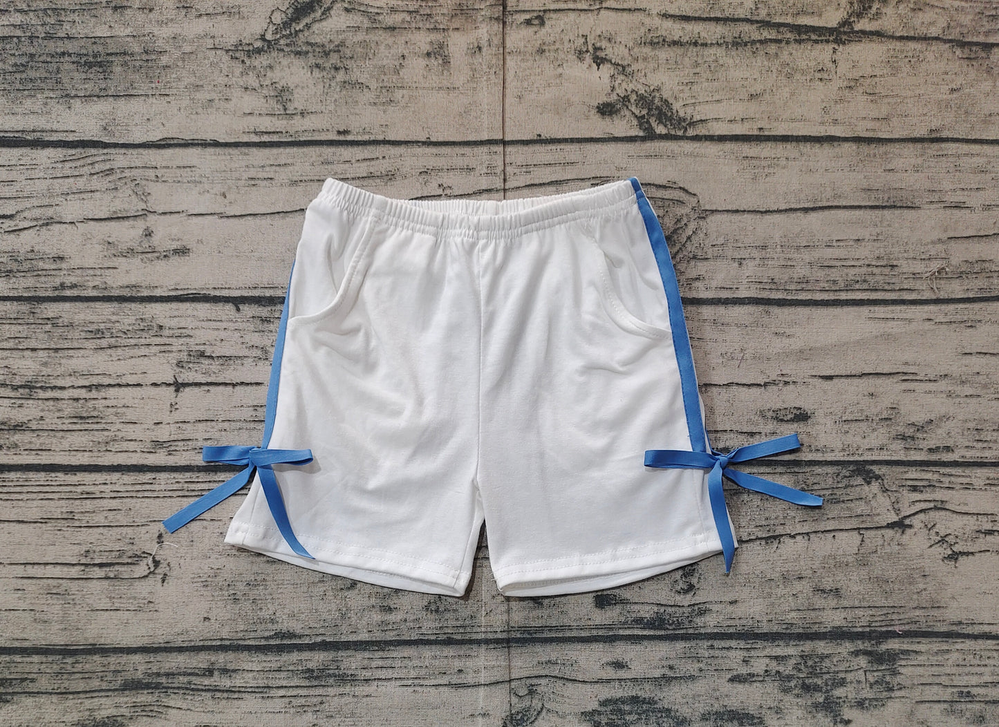 White light blue bow pocket baby girls summer shorts