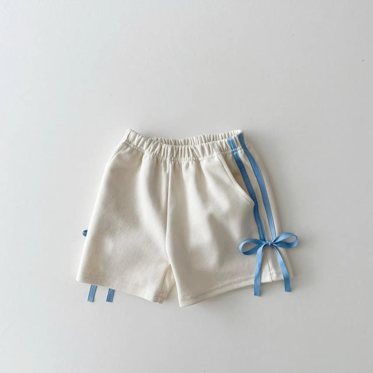 White light blue bow pocket baby girls summer shorts