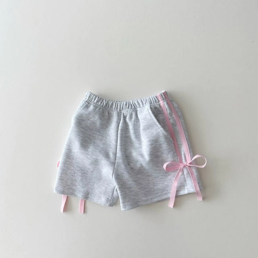 Grey pink bow pocket baby girls summer shorts