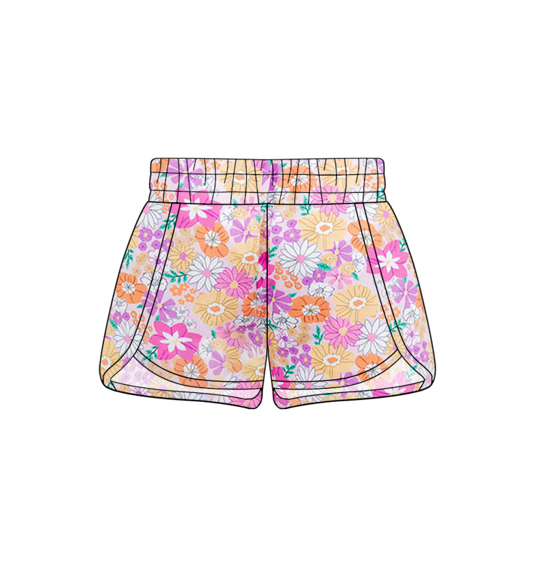 Pink floral elastic high waist baby girls summer shorts