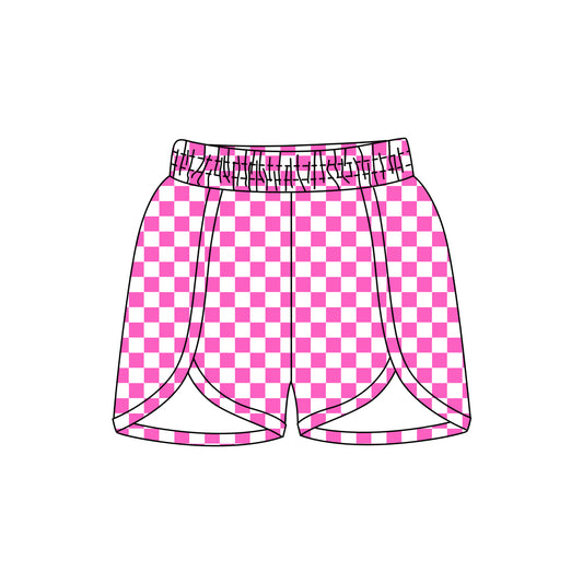 Pink plaid elastic waist adult women summer shorts