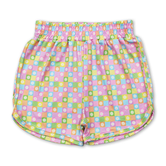 Floral colorful plaid elastic waist kids girls summer shorts