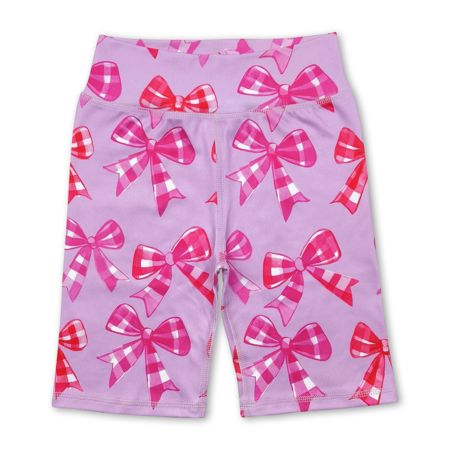 High waist pink plaid bow girls summer shorts
