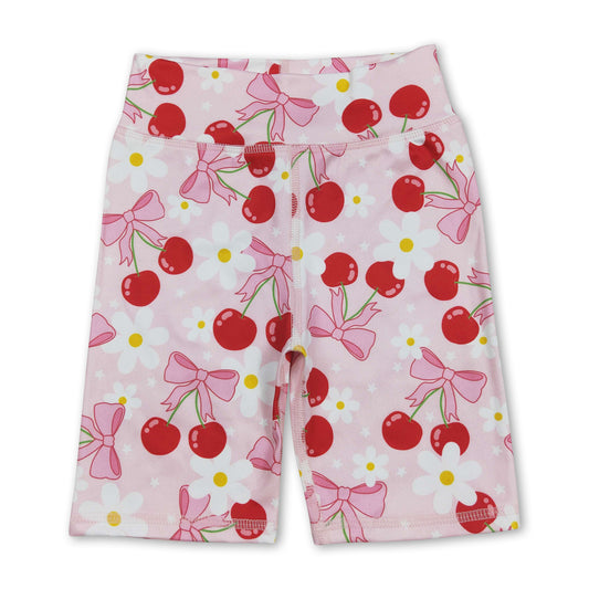High waist pink bow cherry floral girls summer shorts