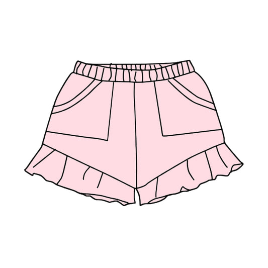 Light pink ruffle pockets kids girls summer cotton shorts