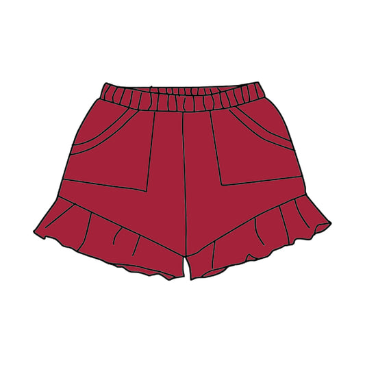 Dark red ruffle pockets kids girls summer cotton shorts