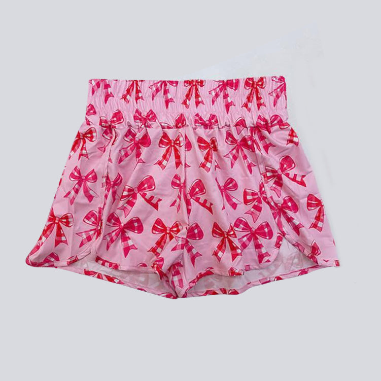 Pink plaid bow elastic waist adult women summer shorts