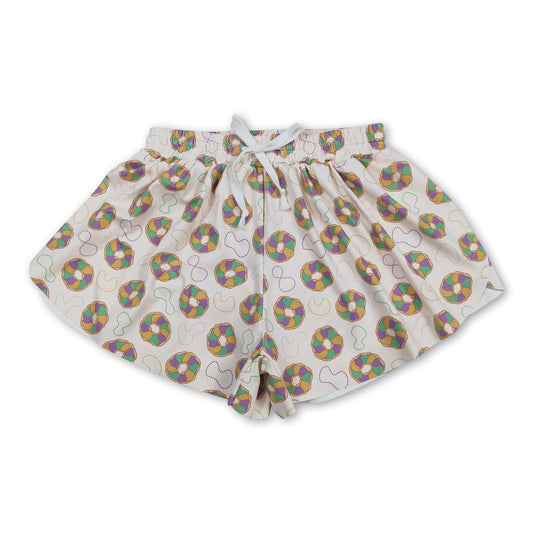 Purple green yellow donut women Mardi Gras active shorts
