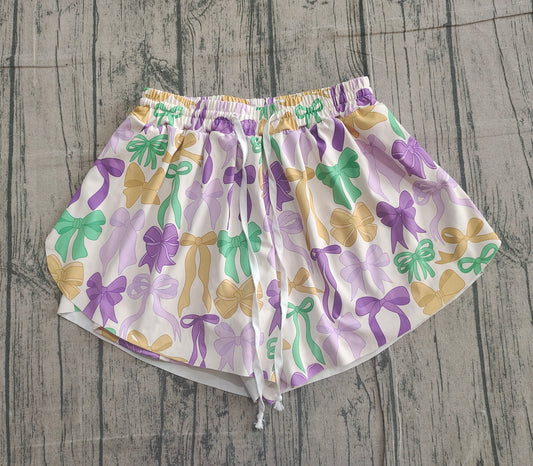 Purple green yellow bows women Mardi Gras active shorts