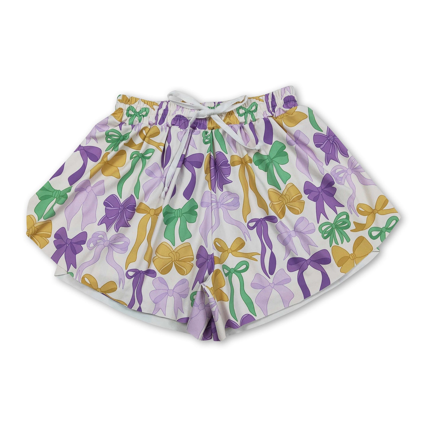 Purple green yellow bows women Mardi Gras active shorts